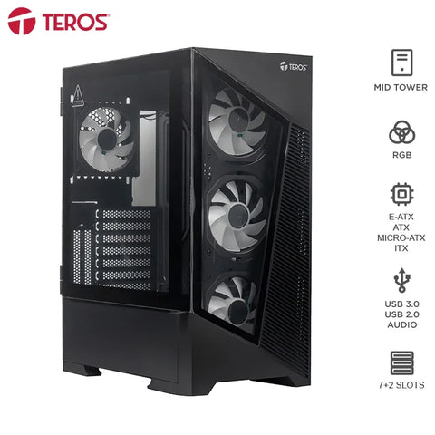 Gabinete sin Fuente gamer Teros TE-1330G, Mid Tower, E-ATX / ATX / Micro-ATX / IT, USB-A, Audio
