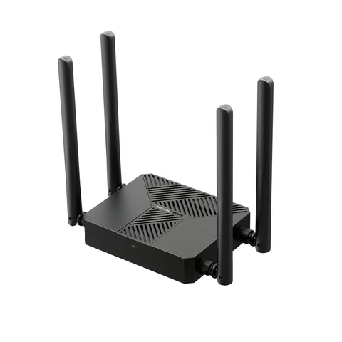 Router Mercusys MR62X Wi-Fi 6 AX1500 negro con cuatro antenas, vista en perspectiva