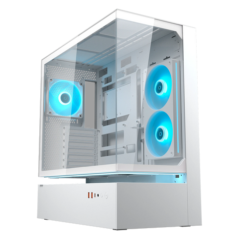 Gabinete COUGAR CFV235 White 382DA40.0002, vista principal panorámica con ventiladores ARGB