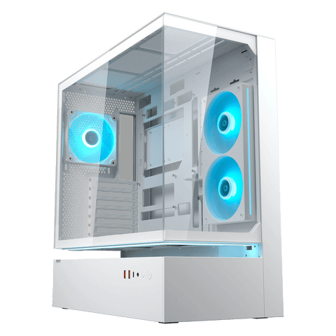 Gabinete COUGAR CFV235 White 382DA40.0002, vista principal panorámica con ventiladores ARGB