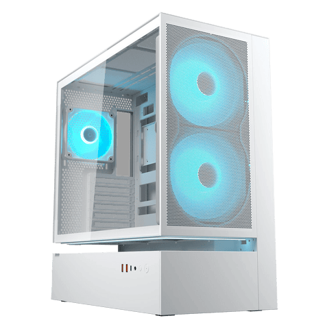 Gabinete COUGAR CFV235 Mesh White 382DA40.0006, vista principal con panel frontal de malla y ventiladores ARGB