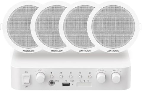 Kit de audio Hikvision DS-QAE0KA60206-4 con amplificador y cuatro parlantes