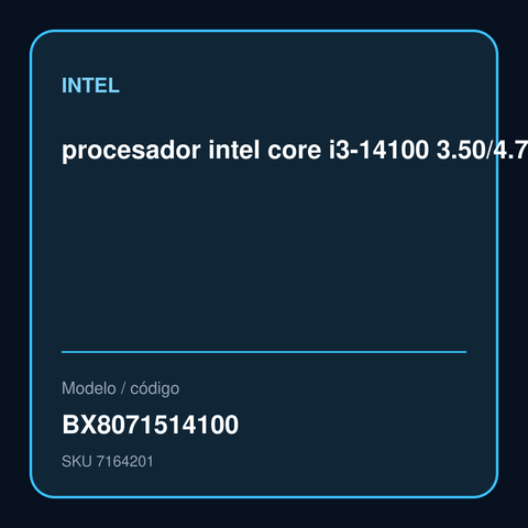 procesador intel core i3-14100 3.50/4.70ghz, 12 mb intel smart caché, lga1700, 60w/11 modelo BX8071514100