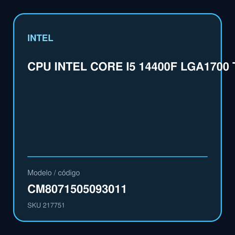 CPU INTEL CORE I5 14400F LGA1700 TRAY CM8071505093011 modelo CM8071505093011
