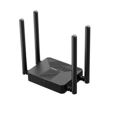 Router Mercusys MR62X Wi-Fi 6 AX1500 negro con cuatro antenas, vista en perspectiva