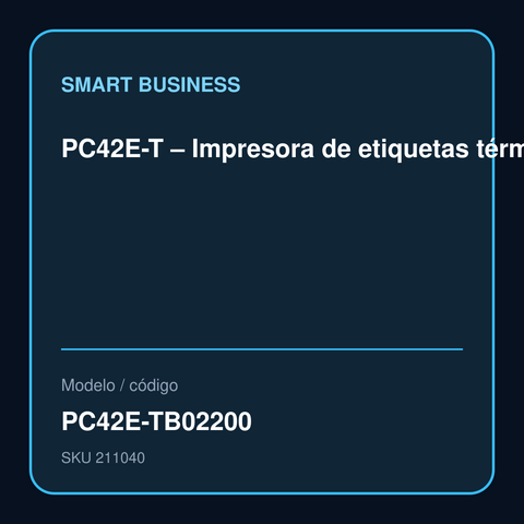 PC42E-T – Impresora de etiquetas térmica directa y transferencia térmica color negro – Conexión USB y Ethernet – Resolución 203 dpi – Ancho de impresión hasta 114 mm, grosor máximo de medio 108 mm – Diámetro máximo de rollo 127 mm, núcleo de ribbon 25,4 m modelo PC42E-TB02200