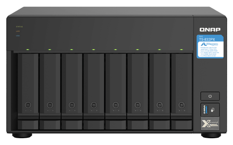 QNAP TS-832PX-4G-US, vista frontal de las 8 bahías