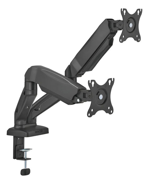SOPORTE ERGONÓMICO DOBLE PARA MONITORES DE 17″ A 32″, AJUSTABLE DE 2KG A 9KG, CON BASE TIPO RACK, IDEAL PARA SETUP TECNOLÓGICO, OFICINA Y GAMING. KE-C024E - SMART BUSINESS
