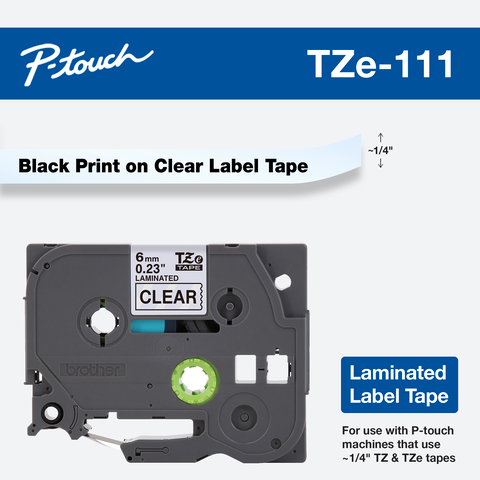 BROTHER TZE111 – CINTA LAMINADA 6 MM TEXTO NEGRO SOBRE FONDO TRANSPARENTE LONGITUD 8 M DURABLE Y COMPATIBLE CON ETIQUETADORAS BROTHER