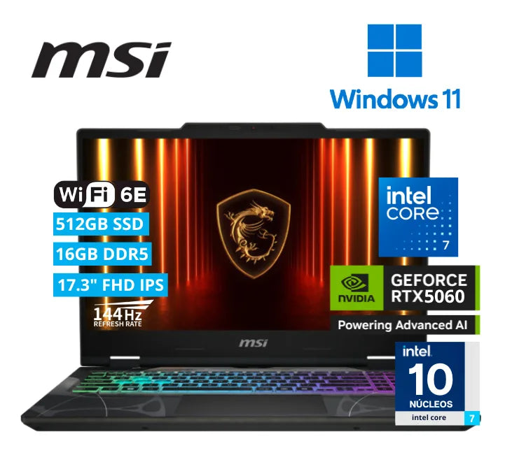 LAPTOP MSI CYBORG 17 B2RWFKG, Intel® Core™ 7 240H HASTA 5.2GHZ, 16GB DDR5, SSD 512GB, PANTALLA 17.3" FHD IPS 144HZ, RTX 5060 8GB GDDR7, WINDOWS 11