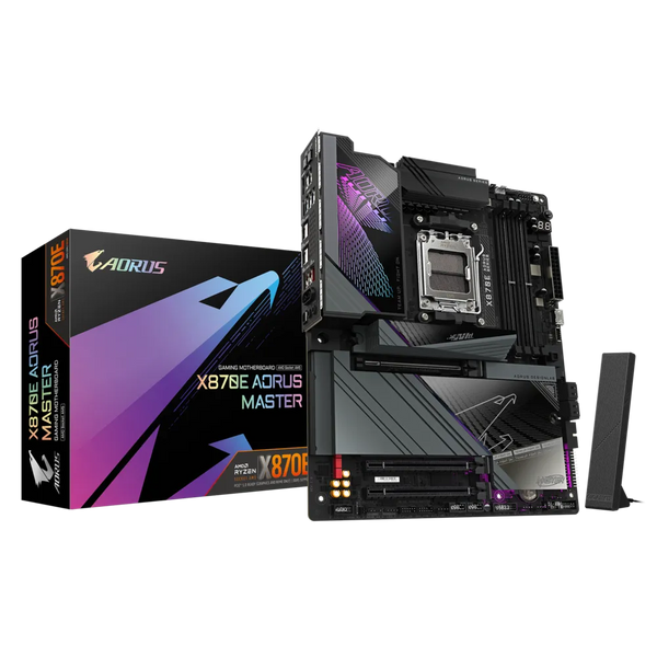 PLACA BASE GIGABYTE X870E AORUS MASTER • CHIPSET AMD X870 • COMPATIBLE CON PROCESADORES RYZEN SERIE 7000/8000 • DDR5 HASTA 128GB • PCIE 5.0 • WIFI 7 • LAN 10GB • ATX • RGB