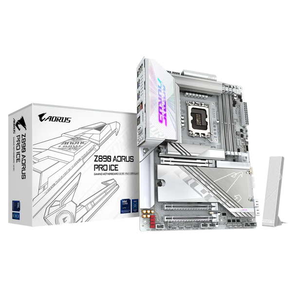 PLACA BASE GIGABYTE Z890-AORUS PRO ICE • CHIPSET INTEL Z890 • COMPATIBLE CON PROCESADORES INTEL CORE SERIE 14/13 • DDR5 HASTA 128GB • PCIE 5.0 • WIFI 7 • LAN 10GB • ATX • RGB