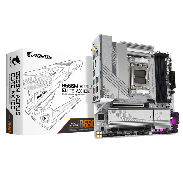 PLACA BASE GIGABYTE B650M AORUS ELITE AX ICE, CHIPSET AMD B650, SOCKET AM5, FORMATO MATX PARA UN RENDIMIENTO SUPERIOR EN GAMING Y PRODUCTIVIDAD.