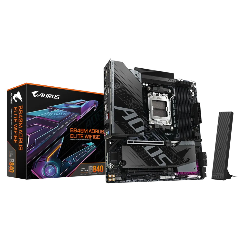 PLACA BASE GIGABYTE B840M AORUS ELITE WIFI6E • CHIPSET AMD B840 • COMPATIBLE CON PROCESADORES RYZEN SERIE 7000/8000 • DDR5 HASTA 128GB • PCIE 5.0 • WIFI 6E • LAN 2.5GB • MICRO-ATX