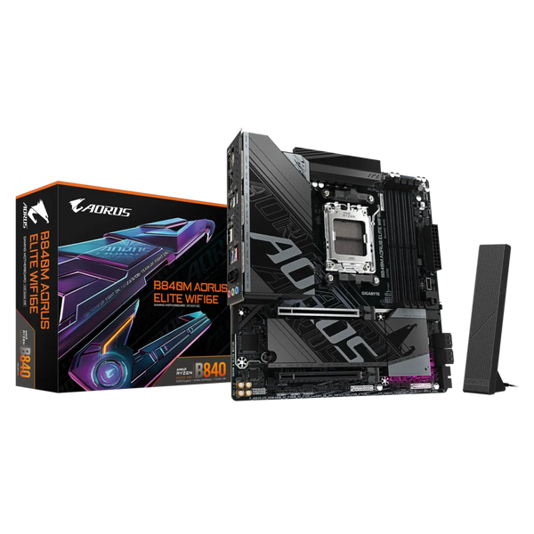 PLACA BASE GIGABYTE B840M AORUS ELITE WIFI6E • CHIPSET AMD B840 • COMPATIBLE CON PROCESADORES RYZEN SERIE 7000/8000 • DDR5 HASTA 128GB • PCIE 5.0 • WIFI 6E • LAN 2.5GB • MICRO-ATX