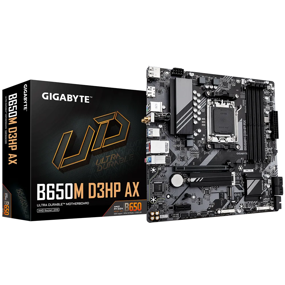 PLACA BASE GIGABYTE B650M D3HP AX • CHIPSET AMD B650 • COMPATIBLE CON PROCESADORES RYZEN SERIE 7000 • DDR5 HASTA 128GB • PCIE 5.0 • WIFI 6E • LAN 2.5GB • MICRO-ATX
