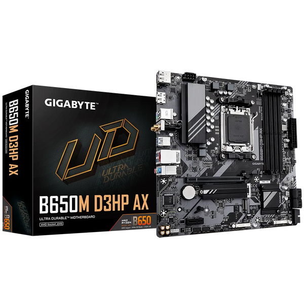 PLACA BASE GIGABYTE B650M D3HP AX • CHIPSET AMD B650 • COMPATIBLE CON PROCESADORES RYZEN SERIE 7000 • DDR5 HASTA 128GB • PCIE 5.0 • WIFI 6E • LAN 2.5GB • MICRO-ATX
