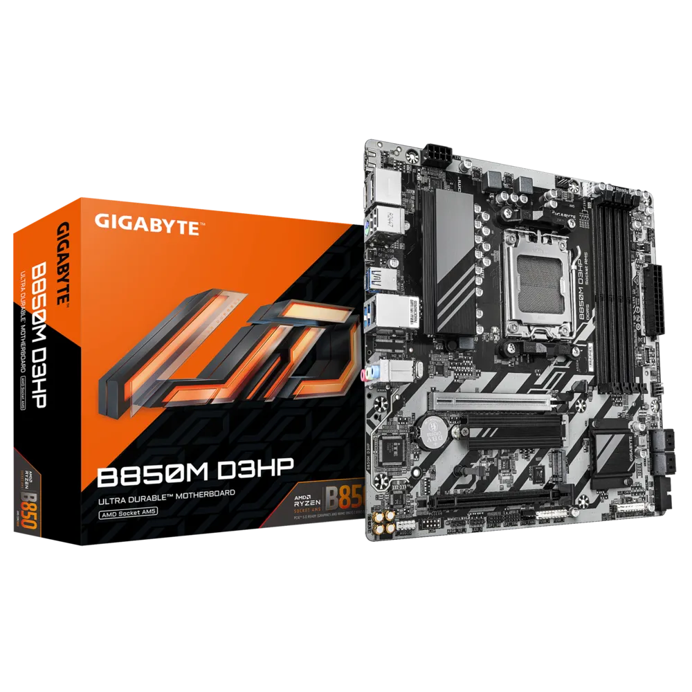 PLACA BASE GIGABYTE B850M D3HP • CHIPSET AMD B850 • COMPATIBLE CON PROCESADORES RYZEN SERIE 7000/8000 • DDR5 HASTA 128GB • PCIE 5.0 • LAN 2.5GB • MICRO-ATX