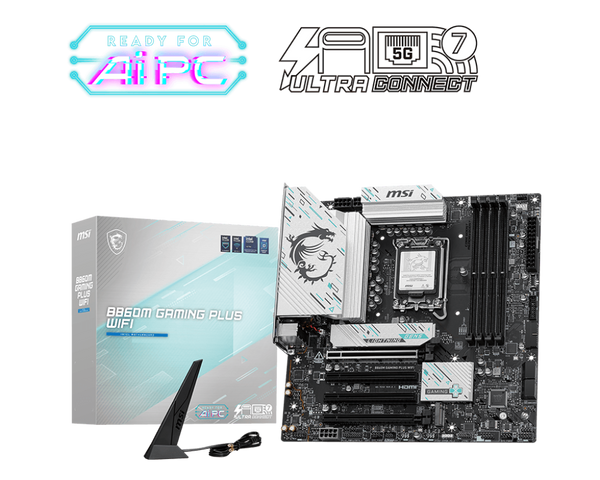 PLACA MADRE MSI B860M GAMING PLUS WIFI • CHIPSET INTEL B860 • FORMATO MICRO-ATX • COMPATIBLE CON INTEL CORE 12ª/13ª/14ª GEN • DDR5 • WIFI INTEGRADO • RENDIMIENTO GAMER