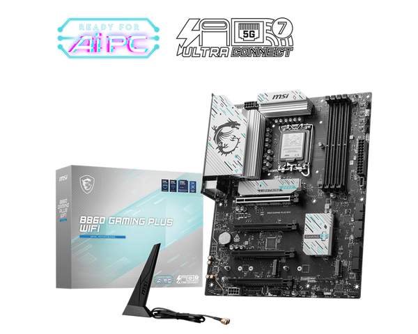 PLACA MADRE MSI B860 GAMING PLUS WIFI • CHIPSET INTEL B860 • COMPATIBLE CON PROCESADORES INTEL CORE 12ª/13ª/14ª GEN • DDR5 • PCIE • WIFI INTEGRADO • RENDIMIENTO GAMER