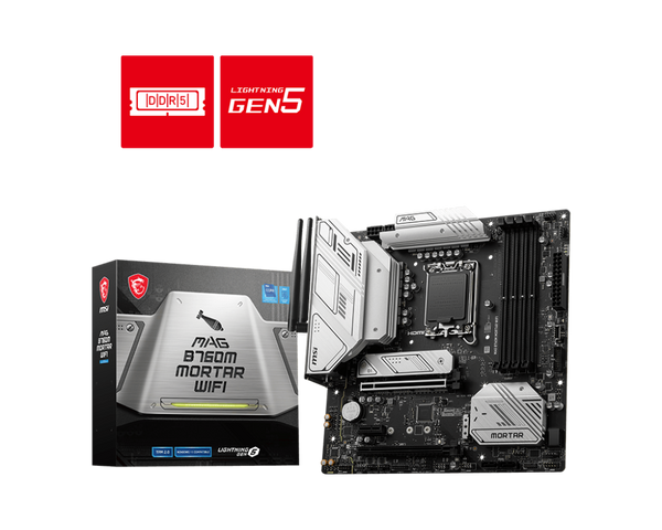 PLACA MADRE MSI MAG B760M MORTAR WIFI • CHIPSET INTEL B760 • FORMATO MICRO-ATX • COMPATIBLE CON INTEL CORE 12ª/13ª/14ª GEN • DDR5 • PCIE 5.0 • WIFI INTEGRADO GAMER
