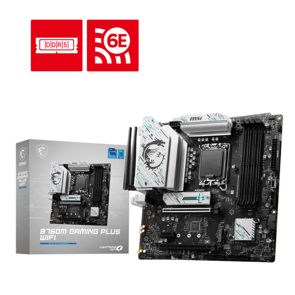 PLACA MADRE MSI B760M GAMING PLUS WIFI • CHIPSET INTEL B760 • COMPATIBLE CON PROCESADORES INTEL CORE 12ª/13ª/14ª GEN • DDR5 • WIFI INTEGRADO • RENDIMIENTO GAMER ESTABLE