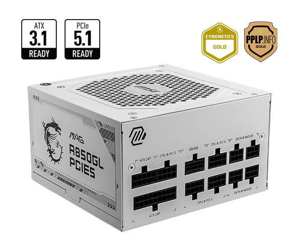 FUENTE DE PODER MSI MAG A850GL PCIE5 WHITE 850W 80 PLUS GOLD MODULAR PARA PC GAMING Y ALTO RENDIMIENTO