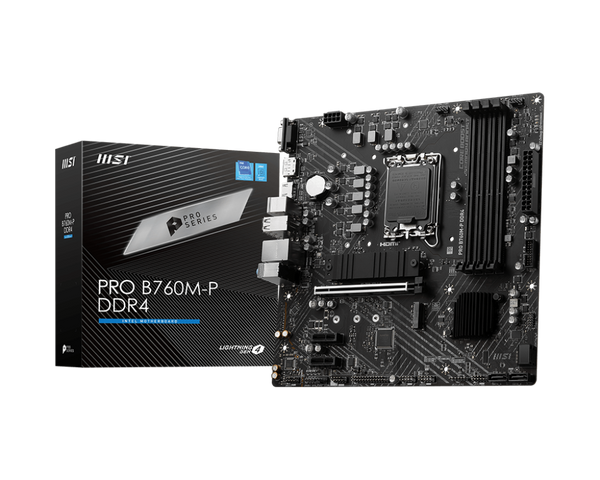 PLACA MADRE MSI PRO B760M-P DDR4 • CHIPSET INTEL B760 • FORMATO MICRO-ATX • COMPATIBLE CON PROCESADORES INTEL CORE 12ª/13ª/14ª GEN • SOPORTE DDR4 • RENDIMIENTO CONFIABLE PARA PC
