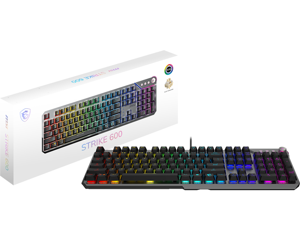 TECLADO MECÁNICO MSI STRIKE 600 SILENT US • SWITCHES SILENCIOSOS PARA ESCRITURA CÓMODA • LAYOUT US • ILUMINACIÓN LED • DISEÑO ERGONÓMICO Y DURADERO PARA GAMING