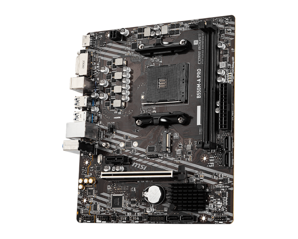 PLACA MADRE MSI B550M-A PRO • CHIPSET AMD B550 • COMPATIBLE CON PROCESADORES RYZEN • FORMATO MICRO-ATX • SOPORTE DDR4 • CONECTIVIDAD AVANZADA Y RENDIMIENTO CONFIABLE