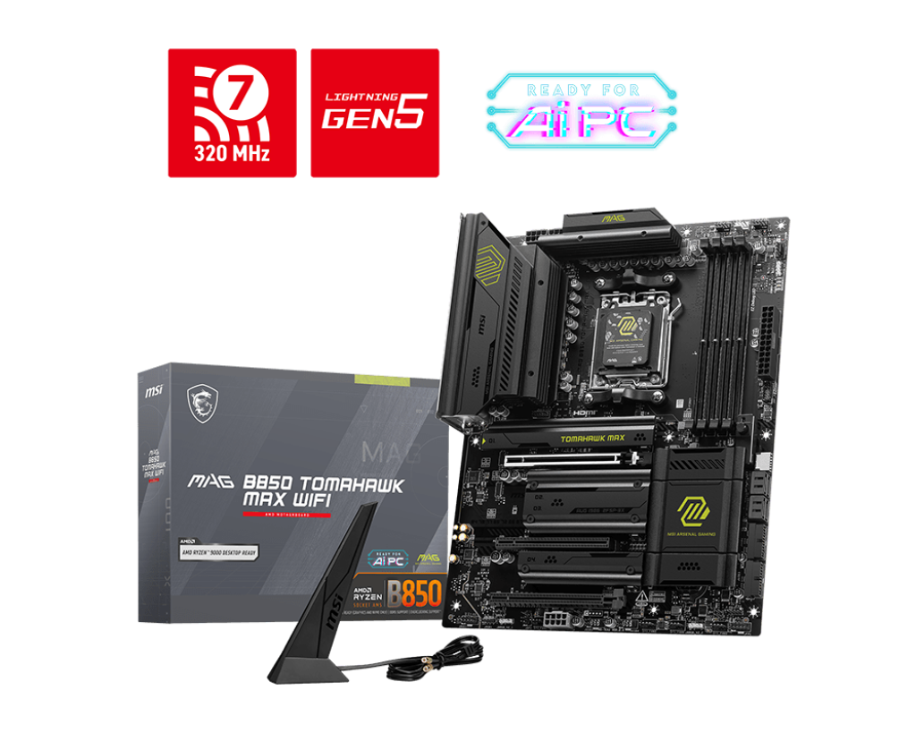 PLACA BASE MSI MAG B850 TOMAHAWK MAX WIFI, CHIPSET AMD B850, SOCKET AMD AM5, DISEÑO ATX PARA RENDIMIENTO SUPERIOR EN GAMING Y TRABAJO PROFESIONAL