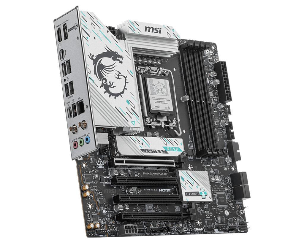 PLACA MADRE MSI B860M GAMING PLUS WIFI • CHIPSET INTEL B860 • FORMATO MICRO-ATX • COMPATIBLE CON INTEL CORE 12ª/13ª/14ª GEN • DDR5 • WIFI INTEGRADO • RENDIMIENTO GAMER
