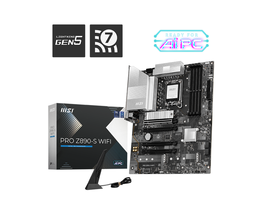 PLACA MADRE MSI PRO Z890-S WIFI • CHIPSET INTEL Z890 • COMPATIBLE CON PROCESADORES INTEL CORE 12ª/13ª/14ª GEN • DDR5 • PCIE 5.0 • WIFI INTEGRADO • RENDIMIENTO ESTABLE Y CONFIABLE