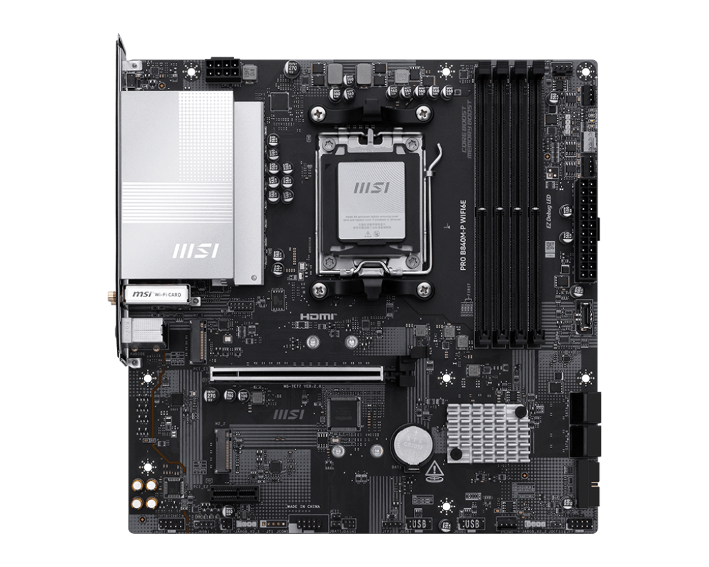 MSI PRO B840M‑P WIFI6E – Placa madre Micro‑ATX AM5, chipset B840, DDR5 256 GB, PCIe 4.0, 2×M.2, LAN 2.5 GbE, Wi‑Fi 6E