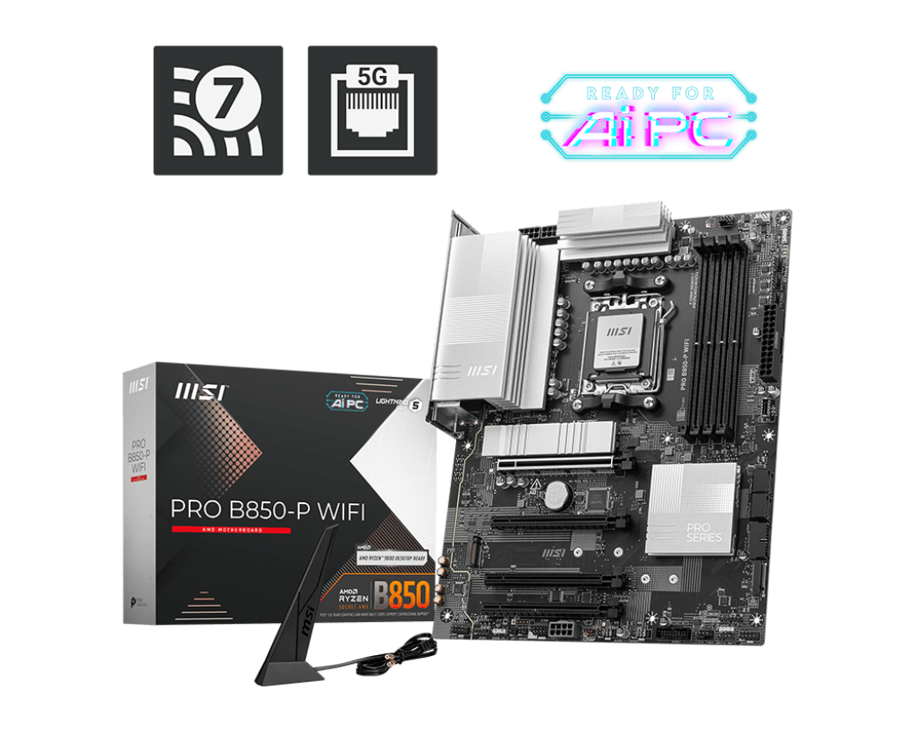 PLACA MADRE MSI PRO B850-P WIFI • CHIPSET AMD B850 • COMPATIBLE CON PROCESADORES RYZEN • SOPORTE DDR5 • CONECTIVIDAD WIFI INTEGRADA • RENDIMIENTO ESTABLE Y CONFIABLE