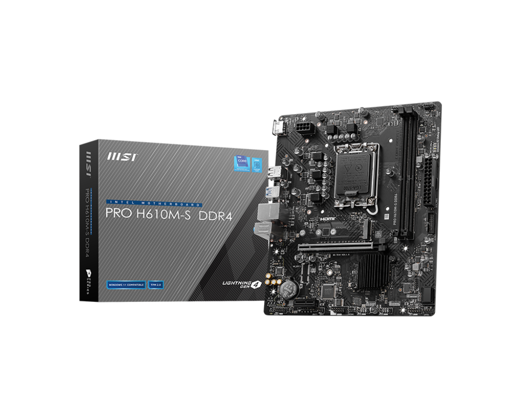 PLACA MADRE MSI PRO H610M-S DDR4 • CHIPSET INTEL H610 • FORMATO MICRO-ATX • COMPATIBLE CON PROCESADORES INTEL CORE 12ª/13ª GEN • SOPORTE DDR4 • RENDIMIENTO CONFIABLE PARA PC
