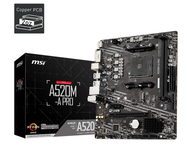PLACA MADRE MSI A520M-A PRO • CHIPSET AMD A520 • SOPORTE PARA PROCESADORES RYZEN • FORMATO MICRO-ATX • DDR4 • CONEXIONES ESTABLES Y RENDIMIENTO CONFIABLE PARA PC