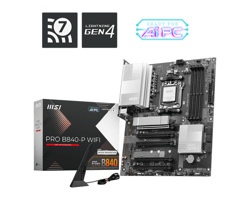 PLACA MADRE MSI PRO B840-P WIFI • CHIPSET AMD B840 • COMPATIBLE CON PROCESADORES RYZEN • SOPORTE DDR5 • CONECTIVIDAD WIFI INTEGRADA • RENDIMIENTO CONFIABLE PARA PC