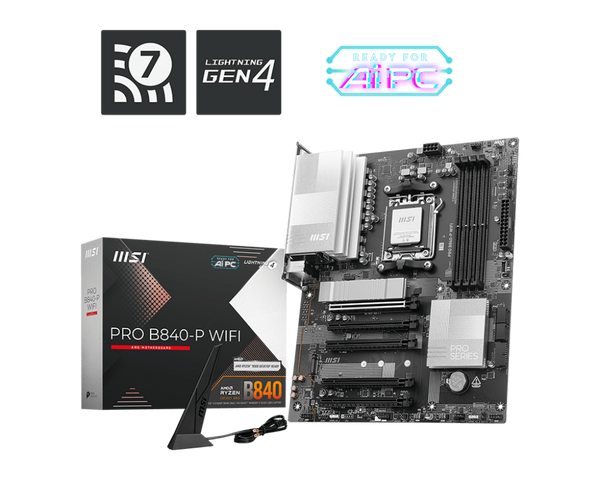 PLACA MADRE MSI PRO B840-P WIFI • CHIPSET AMD B840 • COMPATIBLE CON PROCESADORES RYZEN • SOPORTE DDR5 • CONECTIVIDAD WIFI INTEGRADA • RENDIMIENTO CONFIABLE PARA PC