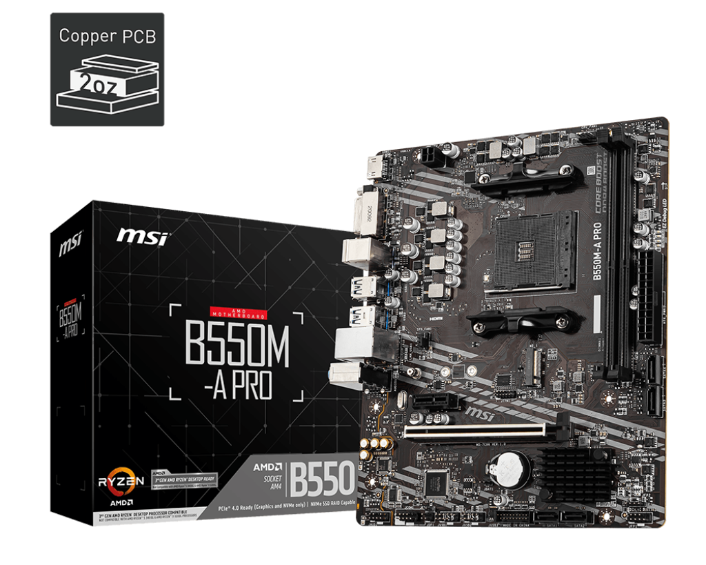 PLACA MADRE MSI B550M-A PRO • CHIPSET AMD B550 • COMPATIBLE CON PROCESADORES RYZEN • FORMATO MICRO-ATX • SOPORTE DDR4 • CONECTIVIDAD AVANZADA Y RENDIMIENTO CONFIABLE
