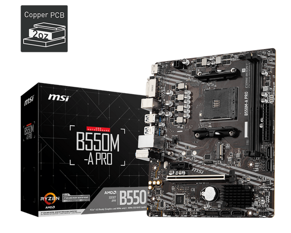 PLACA MADRE MSI B550M-A PRO • CHIPSET AMD B550 • COMPATIBLE CON PROCESADORES RYZEN • FORMATO MICRO-ATX • SOPORTE DDR4 • CONECTIVIDAD AVANZADA Y RENDIMIENTO CONFIABLE