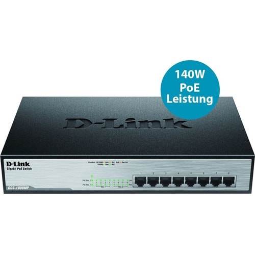 D-LINK CONMUTADOR ETHERNET D-LINK DGS-1008MP 8 - GIGABIT ETHERNET - 1000BASE-T - 2 CAPA COMPATIBLE - PAR TRENZADO - MONTABLE EN ESTANTE, MONTABLE EN BASTIDOR, DE ESCRITORIO