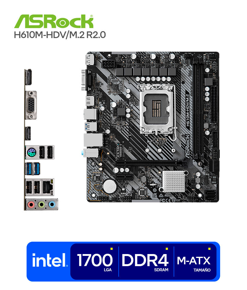 MOTHERBOARD ASROCK H610M-HDV/M.2 R2.0 – LGA1700, DDR4-3200 (2 SLOTS), M.2 ULTRA, SALIDAS HDMI + DISPLAYPORT + D-SUB, AUDIO 7.1, H610 MICRO-ATX