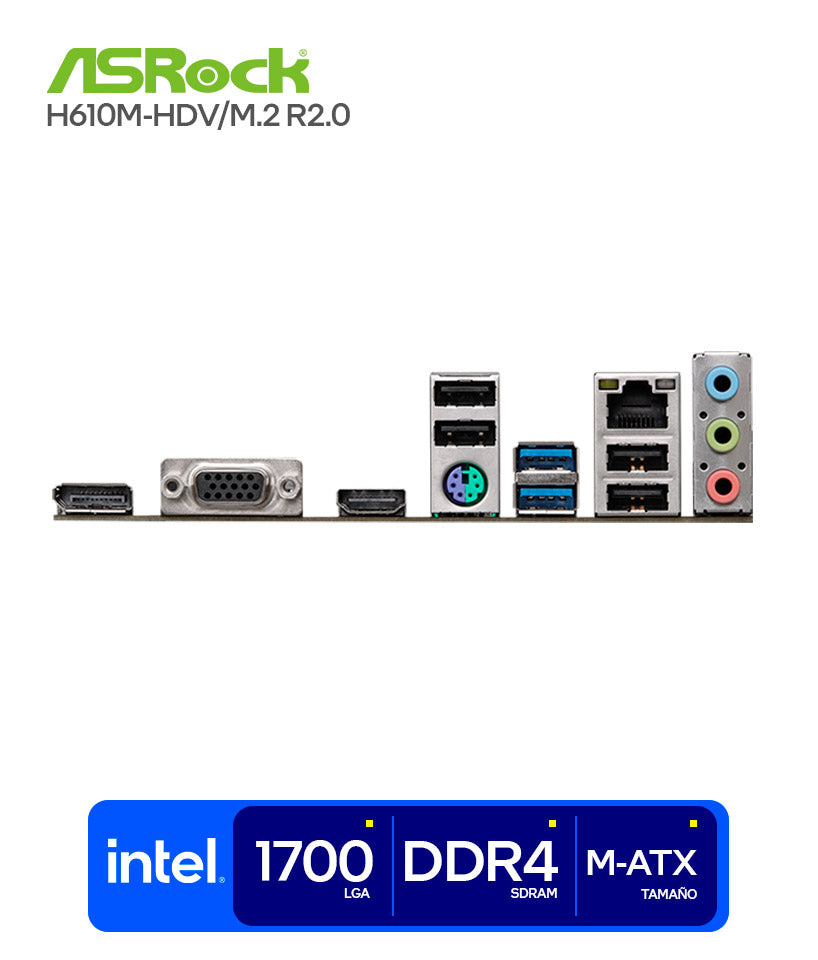 MOTHERBOARD ASROCK H610M-HDV/M.2 R2.0 – LGA1700, DDR4-3200 (2 SLOTS), M.2 ULTRA, SALIDAS HDMI + DISPLAYPORT + D-SUB, AUDIO 7.1, H610 MICRO-ATX