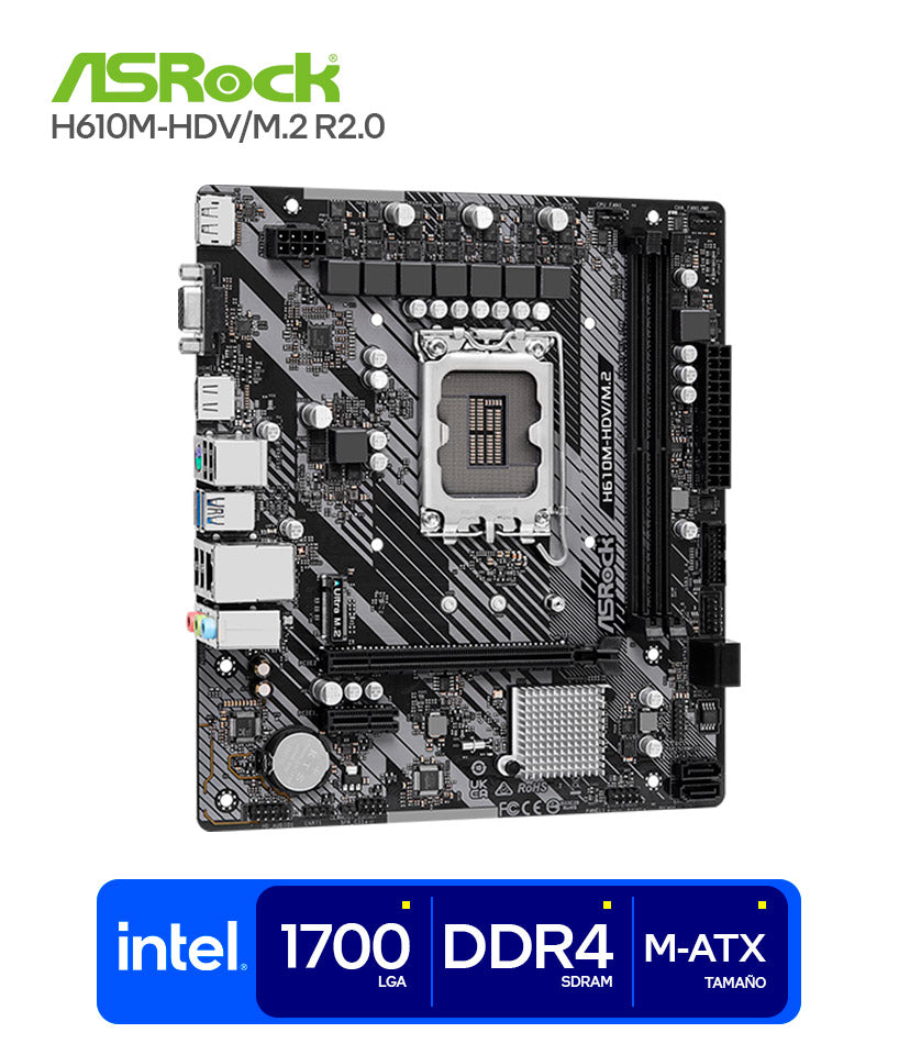 MOTHERBOARD ASROCK H610M-HDV/M.2 R2.0 – LGA1700, DDR4-3200 (2 SLOTS), M.2 ULTRA, SALIDAS HDMI + DISPLAYPORT + D-SUB, AUDIO 7.1, H610 MICRO-ATX