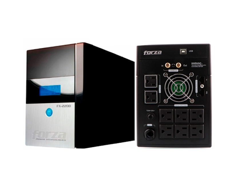 FORZA FX-2200LCD-U – UPS INTERACTIVA 2200 VA (1200 W), 8 SALIDAS, PANTALLA LCD RETROILUMINADA, AVR, PROTECCIÓN COAXIAL Y RJ-45 GIGABIT