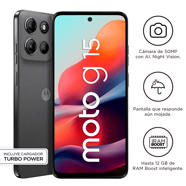 SMARTPHONE MOTOROLA MOTO G15, PANTALLA: 6.7"/LCD/FHD+/60HZ, SO: ANDROID 15, COLOR GRIS