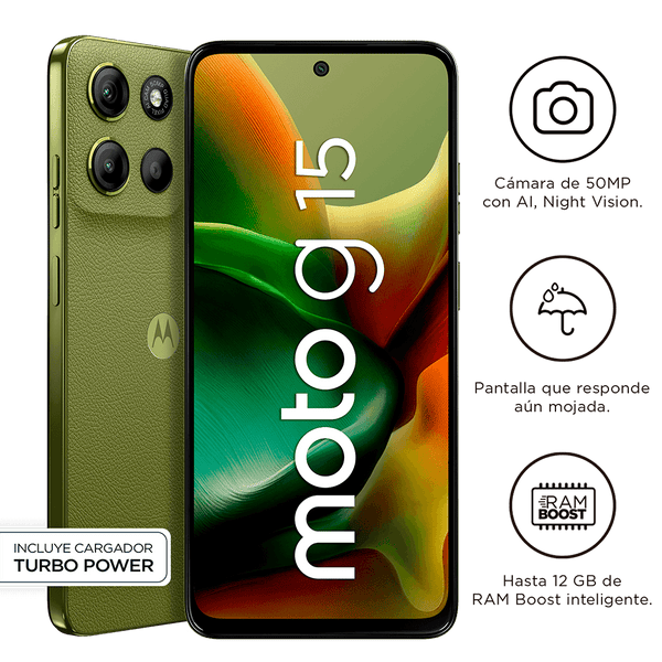 SMARTPHONE MOTOROLA MOTO G15, PANTALLA: 6.7"/LCD/FHD+/60HZ, SO: ANDROID 15, COLOR VERDE