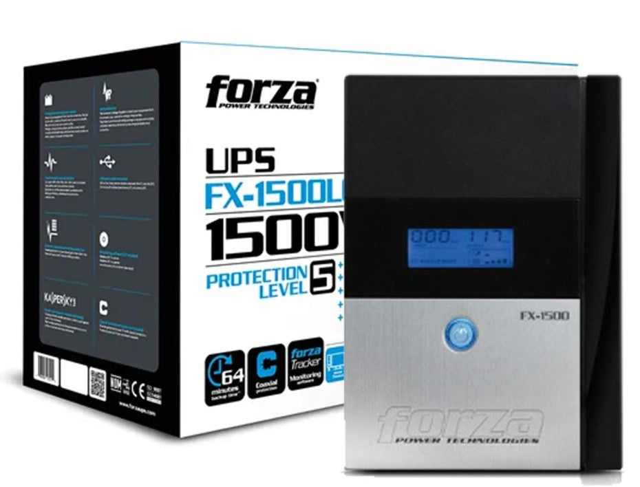 FORZA FX-1500LCD-U – UPS INTERACTIVA 1500 VA (840 W), 8 SALIDAS, AVR, PANTALLA LCD RETROILUMINADA, PROTECCIÓN COAXIAL, GIGABIT RJ-45, RESPALDO PROLONGADO