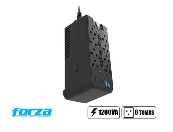 REGULADOR AUTOMÁTICO DE VOLTAJE FVR-1222USB – 1200VA/600W, 8 SALIDAS AC, 2 PUERTOS USB, 220V, PROTECCIÓN EFICIENTE
